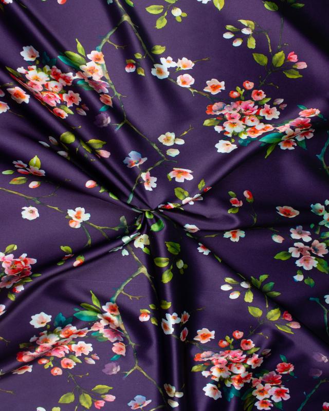 Satin with flowers print on backgroud Purple - Tissushop